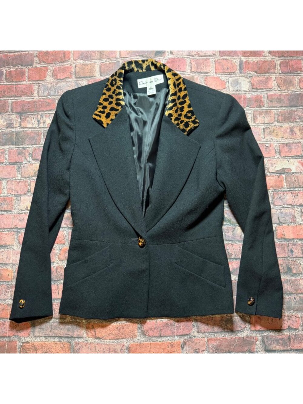 Vintage Christian Dior Black Wool Blazer Cheetah Animal Print Accents Size 8